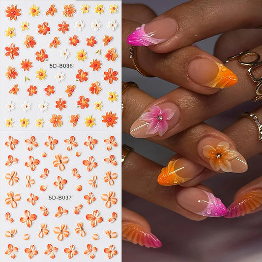 2pcs Orange Flower Nail Sticker Decals Charms Autumn Flowers Bloom Nail Art Adhesive Slider Decorations Accessories Manicure
