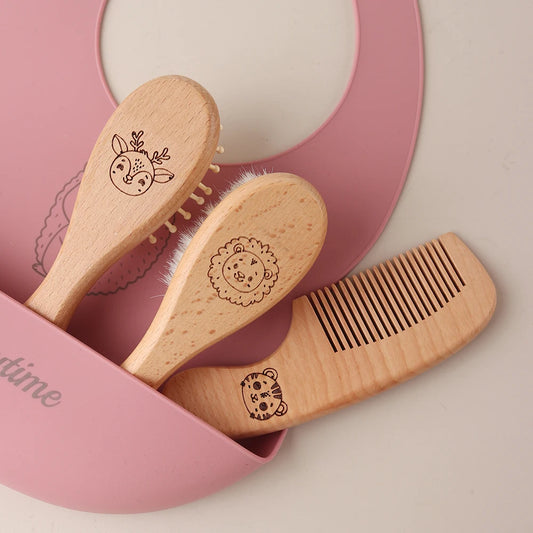 3pcs Set Engraving Elephant Tiger Baby Comb Brush Set Newborn Gift Set Natural Wool Beech Wooden Comb Baby Hair Brush