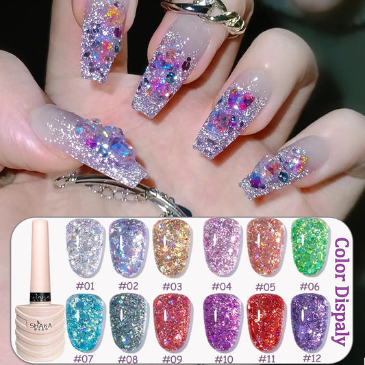 1-12pcs PSK Autumn Winter Nails Blue Red Glitter Gel Nail Polish Adhesive Sequins Burst Flash Popular Whitening Nail Supplies