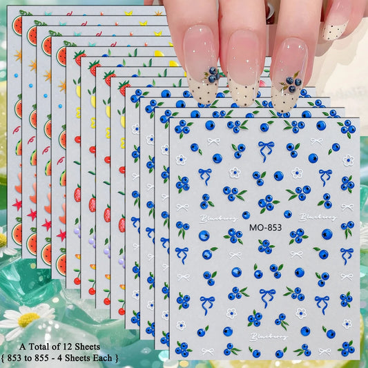 3 to 15 Sheets 5D Fruit Nail Stickers Blueberry Strawberry Watermelon Decals Self Adhesive Summer Nail Art