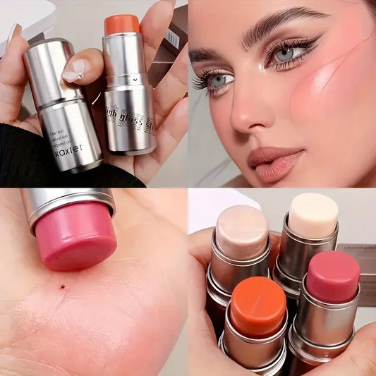 4 Color Waterproof Shimmer Blush Stick Face Highlighter Moisturizing Long-Lasting Illuminator for Brightening And Contouring