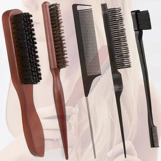 Hair Styling Comb & Brush Set, Boar Bristle Teasing Brushes & Tail Combs, Edge Control Styling Tools,Nylon Bristles, ABS Handle