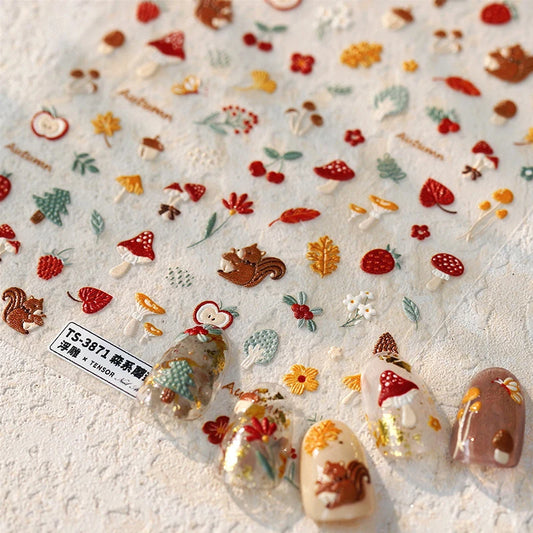 Squirrel Mushroom Apple Strawberry Cherry Pinecone Ginkgo Leaf Self Adhesive Nail Art Stickers Butterfly Flower Manicure Decals