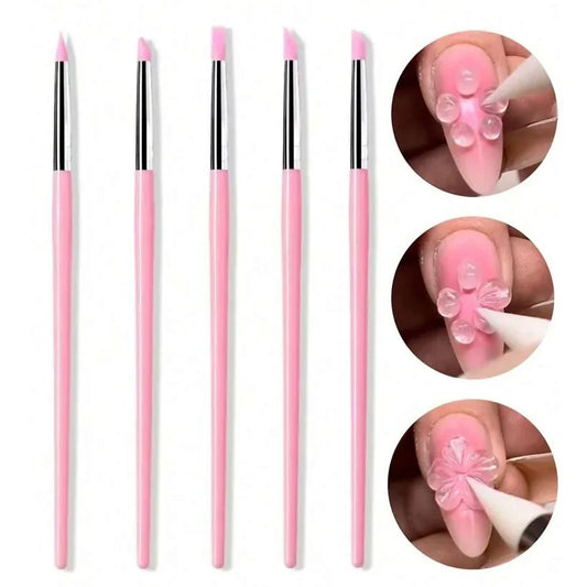 5PCS/Set Dual-End Silicone Nail Art Brushes – Pink Handle Unscented, for Flower Dotting/Powder Pressing/Painting