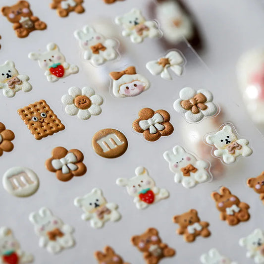 1pcs Fashion Cartoon Bear Rabbit Cat Design Nail Art Charms Stickers Kawaii Relief Nail Decorations Decals DIY Adhesive Sliders