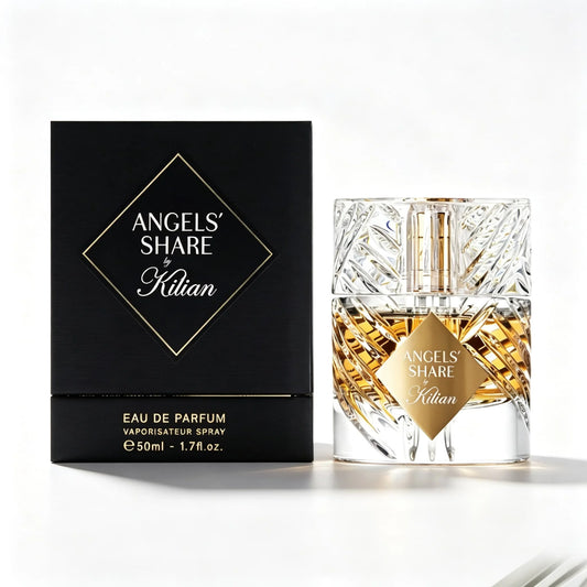 Kilian Angels' Share Eau de Parfum (100ml / 3.4 oz) — A gourmand woody fragrance featuring notes of cinnamon, apple, and cognac with 12-hour longevity; an ideal gift for a sophisticated woman for dates or evening events.