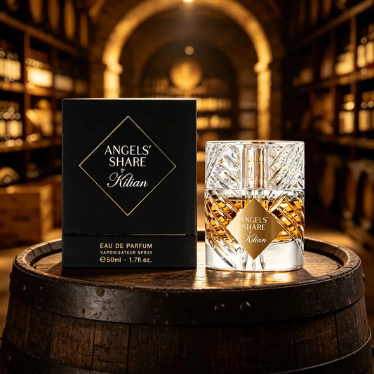 Kilian Angels' Share Eau de Parfum (100ml / 3.4 oz) — A gourmand woody fragrance featuring notes of cinnamon, apple, and cognac with 12-hour longevity; an ideal gift for a sophisticated woman for dates or evening events.