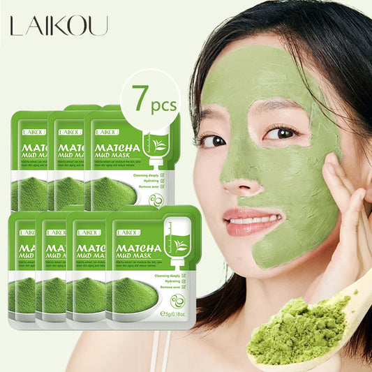LAIKOU 7pcs Matcha Green Clay Mud Face Mask Night Facial Packs Dark Circle Moisturize Mask for Facecare
