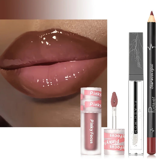 3pcs Lip Liner Pen Set, Lip Liner Pen, Lip Mud and Lip Oil, Easy to Apply Makeup, Long-Lasting Non-Stick to Cups, Festival Gift