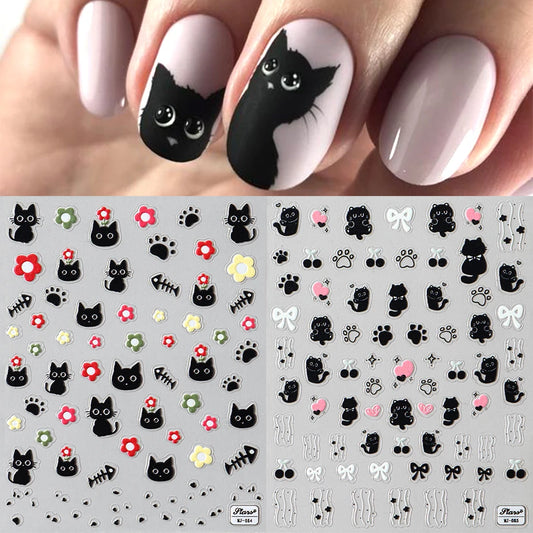 Black Silver Cat Animals Nail Sticker Decals Y2K Charms Cute Dog Cartoon Adhesive Sliders Foils For Manicure Nail Art Decoration