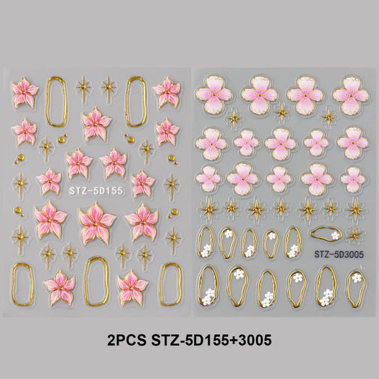 5D Floral Embossed Nail Stickers Bronzing Hibiscus Flower Petals Star Frame Elegant Nail Art Decals for Spring Summer Decor