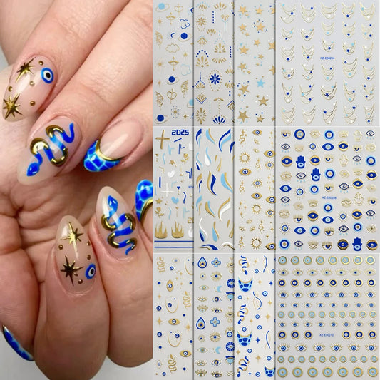 12Pcs 3D Bronzing Blue Evil Eye Snake Nail Art Stickers French Abstract Lines Star Self-Adhesive Slider Manicure Decor Decals &1