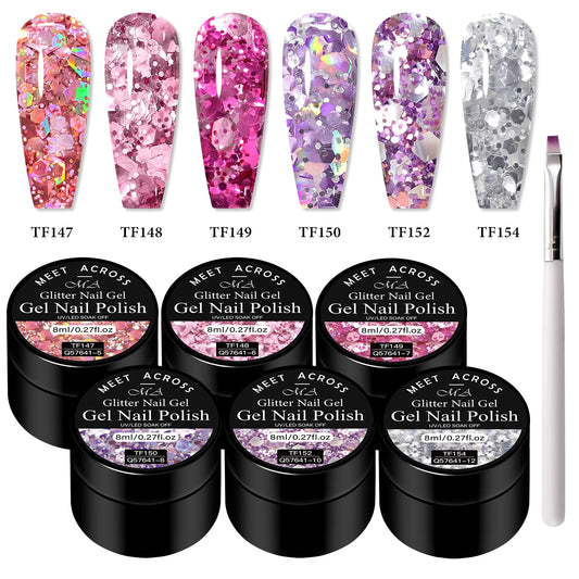 7pcs Glitter Sequins Gel Nail Polish Set Pink Silver Laser Glitter Semi Permanent Soak Off UV Gel Varnish Manicure Nail Supplies