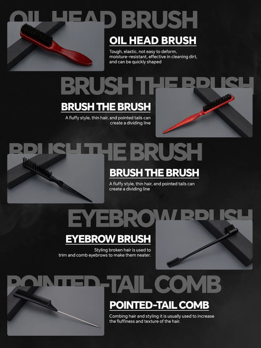 Hair Styling Comb & Brush Set, Boar Bristle Teasing Brushes & Tail Combs, Edge Control Styling Tools，Nylon Bristles, ABS Handle