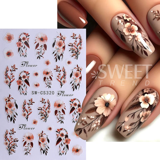 4pcs Autumn Winter Nail Art Stickers 3D Brown Maple Leaf Coffee Pattern Nail Decal Adhesive Slider Manicure Decorations Supplies