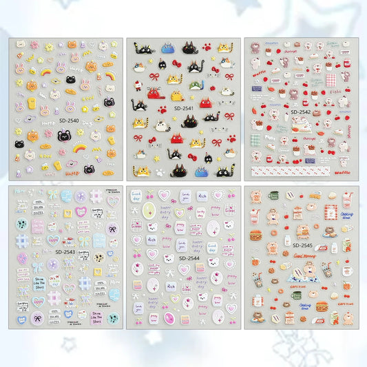 3/6/12/18 Sheets 5D Kawaii Cat Bear Bunny Nail Stickers Dessert Bow Plaid Self Adhesive Cartoon Nail Decals