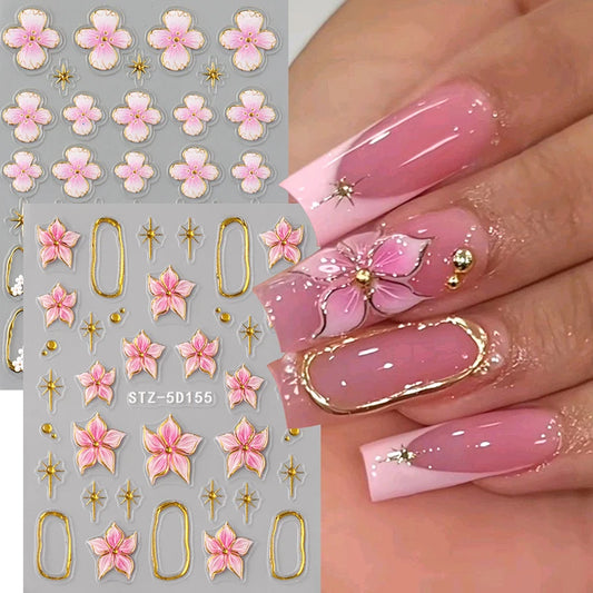 5D Floral Embossed Nail Stickers Bronzing Hibiscus Flower Petals Star Frame Elegant Nail Art Decals for Spring Summer Decor
