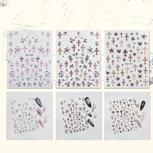 3/6/12 Sheets Leopard Cross Nail Stickers Set (Pink/Brown/Black), Y2K Punk Animal Print 3D Nail Art Decals for DIY Manicure