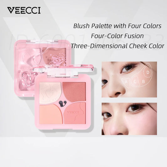 New VEECCI Mood Trio Blush Expansion Cheek Colour Quad Highlight Blush Naturally Sweet Longlasting Sweatproof Non-smudge Makeup