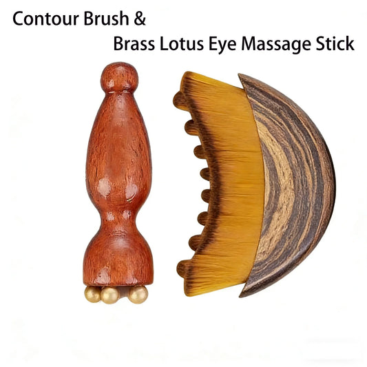 Contour Brush,Lymphatic Contour Facial Brush&Brass Lotus Eye Massage Stick Sandalwood Face Eye Meridian Acupressure Massage Tool Daily Use