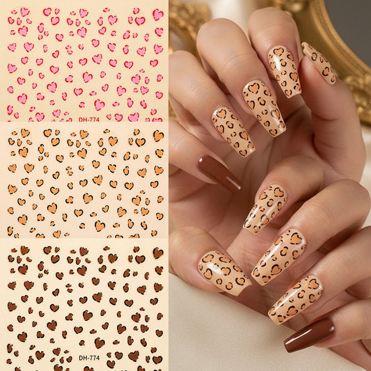 3 Colors Leopard Print 3D Nail Art Stickers Heart Shaped Cute Leopard Nail Decals Adhesive DIY Nail Art Decorations Wraps Slider