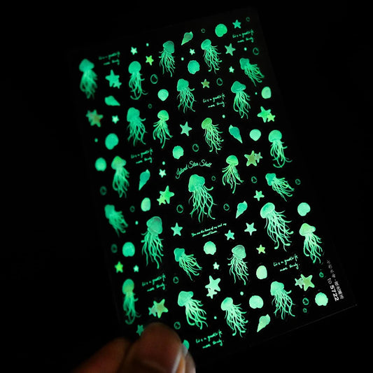 Glow in The Dark Jellyfish Nail Stickers Summer Conch Starfish Seashell Nail Art Decals Self-Adhesive Glowing Marine Life Slider