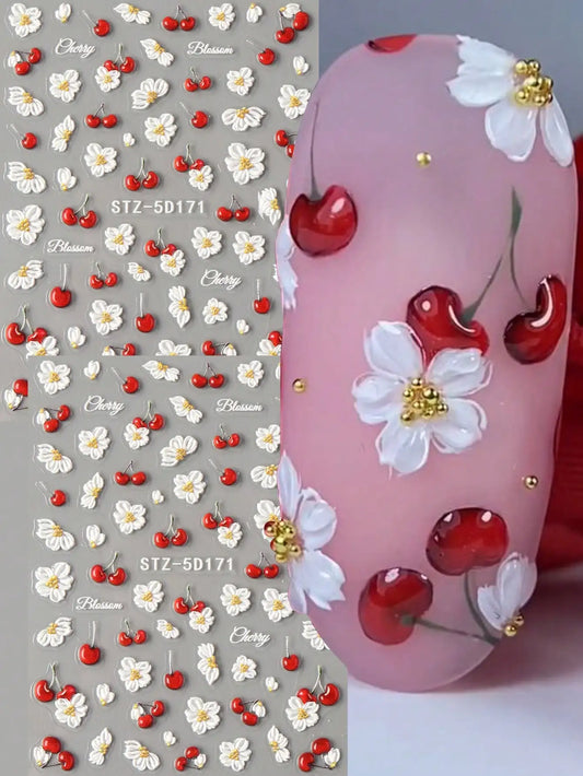 2pcs 5D Embossed Elegant Cherry Fruit Nail Art Stickers, Spring White Flower Self-Adhesive Nail Decals, Wedding Nail Decorations, Nail Art Accessories Nails Nail Supplies