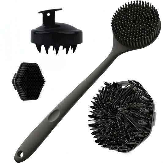 4PCS Long Handle Silicone Bath Brush Set for Body Back Face Gentle Exfoliating Massage Deep Cleaning with Non Slip Grip