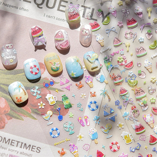 Watermelon Cat Ice Cream Strawberry Bowknot Crab Sunglass Coconut Tree Flowers Apple Fruits Dog Summer Nail Art Stickers Decals