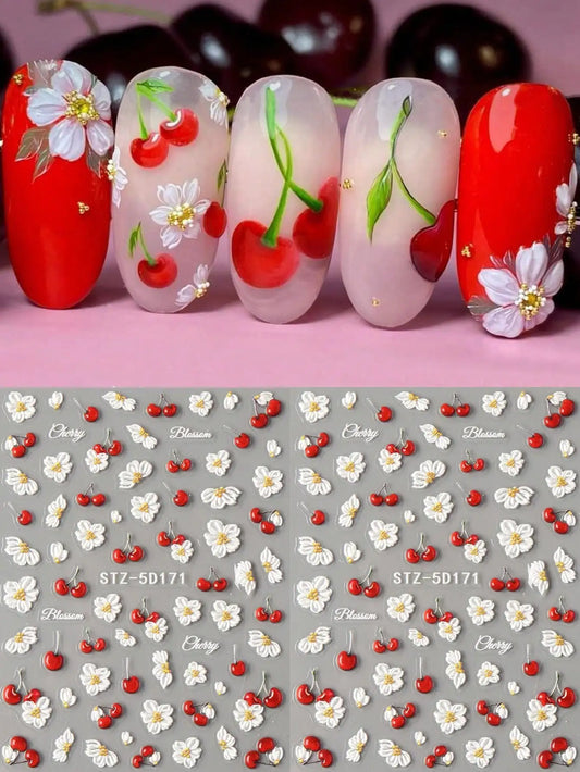 2pcs 5D Embossed Elegant Cherry Fruit Nail Art Stickers, Spring White Flower Self-Adhesive Nail Decals, Wedding Nail Decorations, Nail Art Accessories Nails Nail Supplies