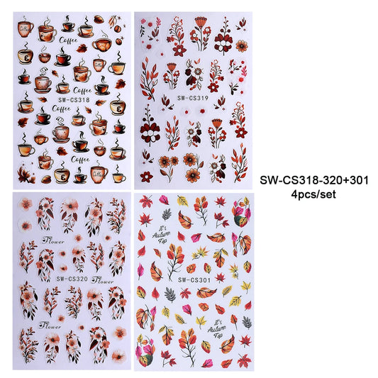 4pcs Autumn Winter Nail Art Stickers 3D Brown Maple Leaf Coffee Pattern Nail Decal Adhesive Slider Manicure Decorations Supplies