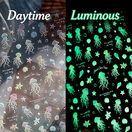 Glow in The Dark Jellyfish Nail Stickers Summer Conch Starfish Seashell Nail Art Decals Self-Adhesive Glowing Marine Life Slider