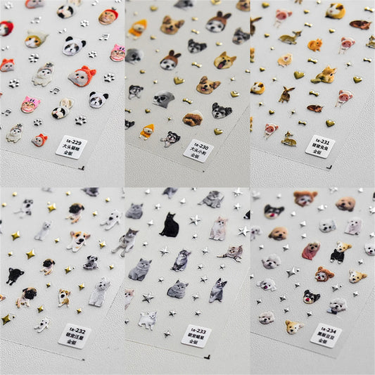 1Sheet 5D Embossed Cute Pet Manicure Decal Nail Cartoon Sticker Kawaii Animals Dog Cat Self Adhesive DIY Decorations Decals Nail