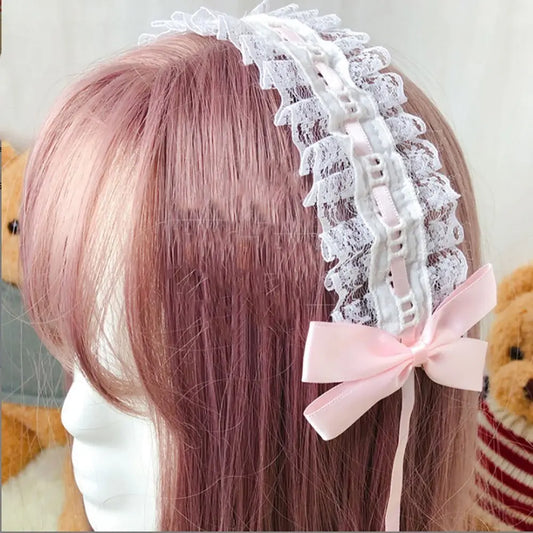 Creative Multicolor Lolita Headband with Clips Lolita Bowknot Ribbon Headwear Cute Photo Props Sweet Lace Hairband Female