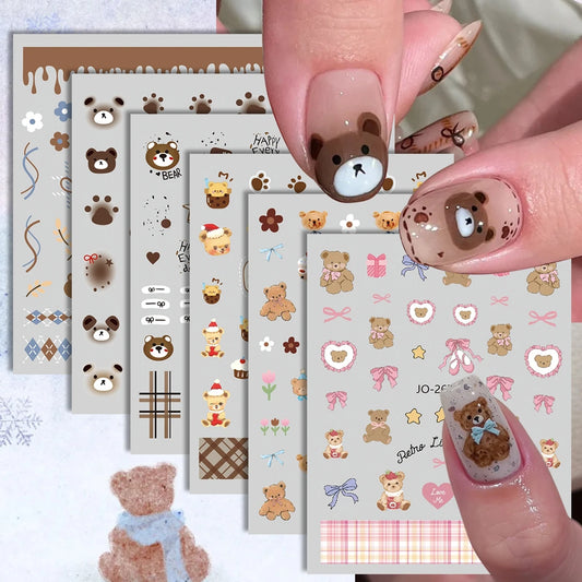3 to 18 Sheets Cute Bear Nail Art Stickers Set, 3D Kawaii Teddy Bear & Paw Print Decals, Sweet Girl Nail Design Decorations