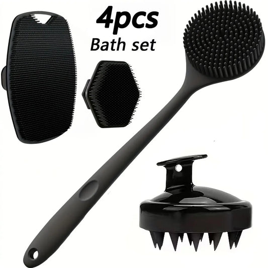 A four-piece bath brush set that can be used for back, face, body and head massage.