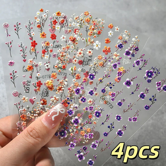 4pcs/Set 5D Valentine'S Day Floral Nail Stickers Embossed Rose Daisy Design Nail Decals Spring Summer DIY Nail Art Decorations *