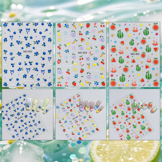 3 to 15 Sheets 5D Fruit Nail Stickers Blueberry Strawberry Watermelon Decals Self Adhesive Summer Nail Art