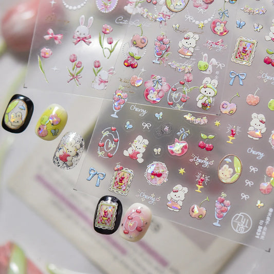 Shell Glitter Nail Decal Sweet Spring Bunny Decorative Stickers For Nails Cute Rabbit Fruits Bow Nail 3D Decorations Sticker DIY