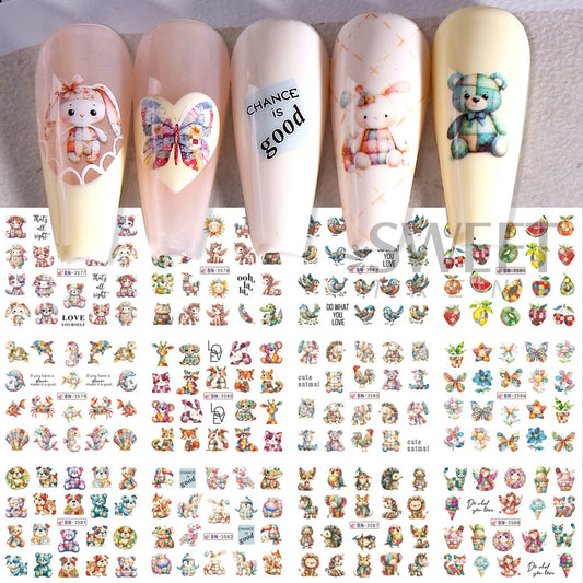 12 Design Ink Flowers Water Transfer Nail Stickers Decals Patchwork Animal Bear Nail Sliders for Women DIY Manicure Decorations