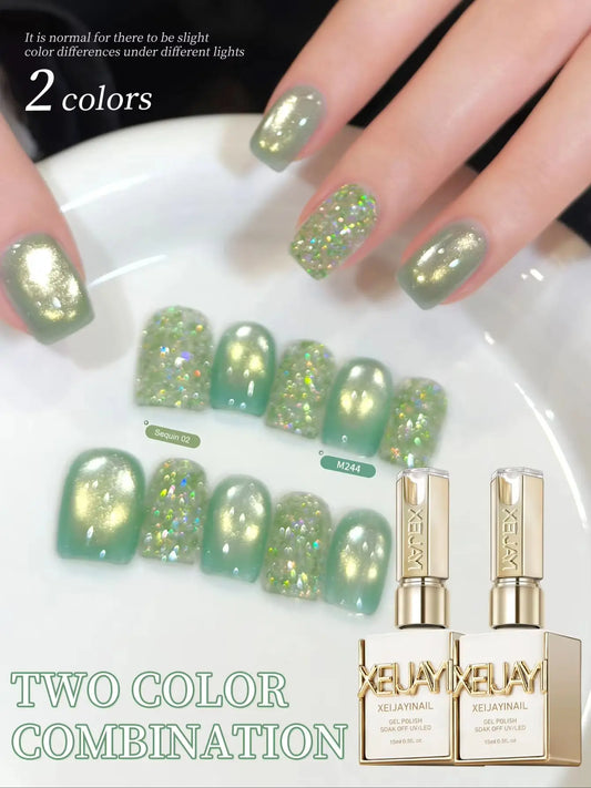 XEIJAYI 2Pcs 15ML Green Cat Eye And Sweet Candy Glitter Nail Gel Set Semi Permanent Nail Art Soaking UV LED Nail Salon DIY Nail