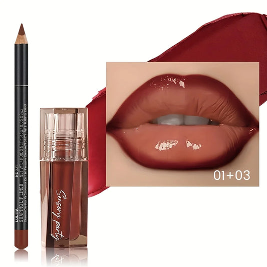 2 PCS Moisturizing lip gloss and lip liner set - 3D precise lip shaping for a perfect gradient lip look.