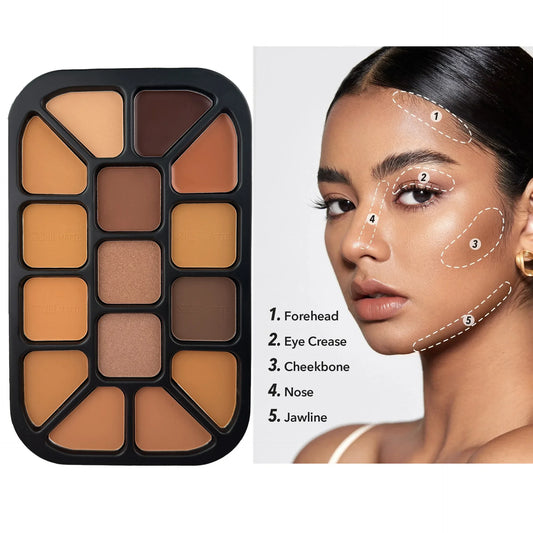 15-Color Face Contour Powder Palette Matte Highlighter Natural Shading Concealer Wet & Dry Formula for Face Sculpting Makeup
