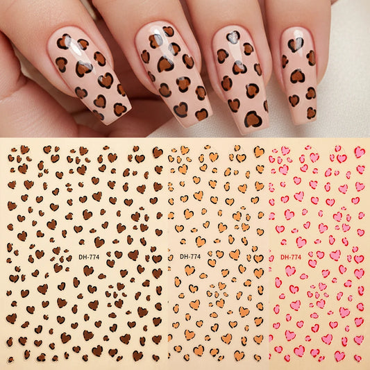 3 Colors Leopard Print 3D Nail Art Stickers Heart Shaped Cute Leopard Nail Decals Adhesive DIY Nail Art Decorations Wraps Slider