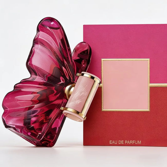 LA Bom. b.A 2.7oz female perfume, fresh flower and fruit fragrance, dragon fruit integration, unique butterfly design