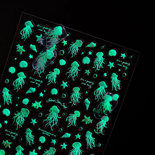 Glow in The Dark Jellyfish Nail Stickers Summer Conch Starfish Seashell Nail Art Decals Self-Adhesive Glowing Marine Life Slider