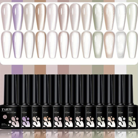 TARTU 12pcs 8ml Cat Eye Gel Nail Polish Set,  Nude Pink Red brown Glitter Gel Polish Kit, Soak Off Uv/Led, Nail Art DIY At Home