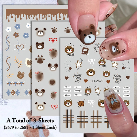 3 to 18 Sheets Cute Bear Nail Art Stickers Set, 3D Kawaii Teddy Bear & Paw Print Decals, Sweet Girl Nail Design Decorations