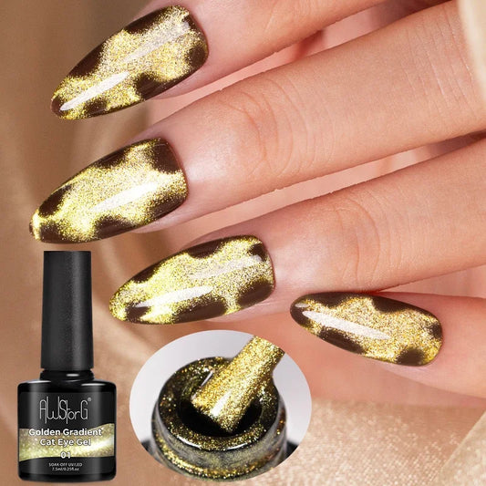 AWStorG 7.5ML Golden Gradient Cat Eye Magnetic Gel Sparkling Glitter Nail Polish Semi Permanent UV Nail Art No Need Base Color