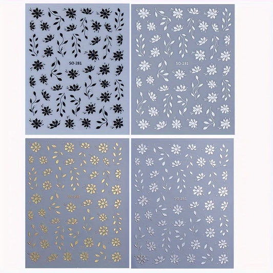 6/4 Pcs Floral Nail Stickers, Flower and Leaf Pattern Self-Adhesive Nail Decals, Charm DIY Nail Art Decorations Women's Supplies